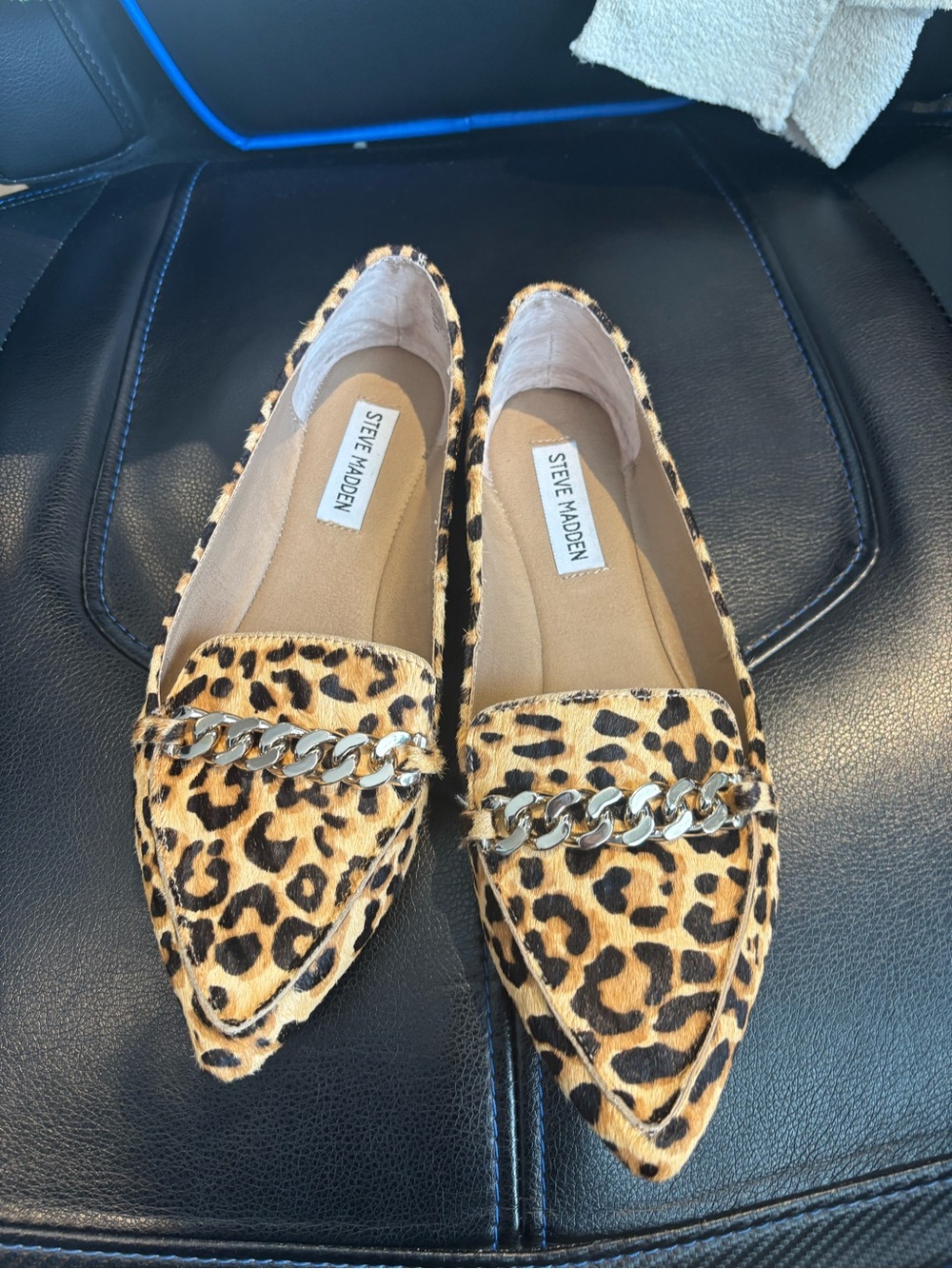Steve Madden Leopard Print Chain-Trim Pointed Loafers